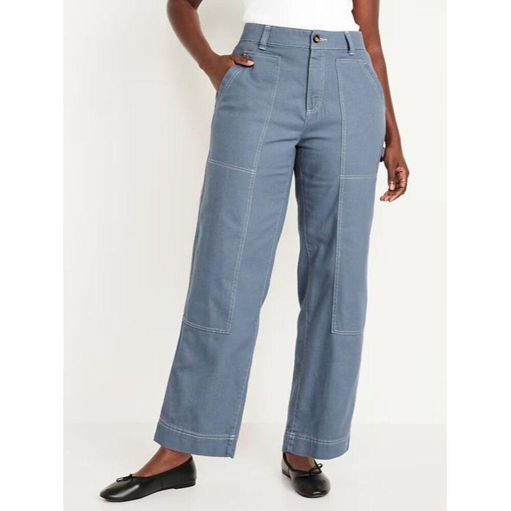 Old Navy High Rise Utility Pants Womens 16 Petite Dusty Blue Straight Cotton NEW
